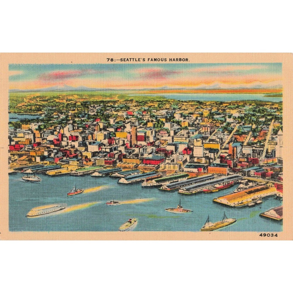 Vtg Seattle Washington Harbor Linen Postcard Aerial View C.P. Johnston Co - Picture 1 of 2
